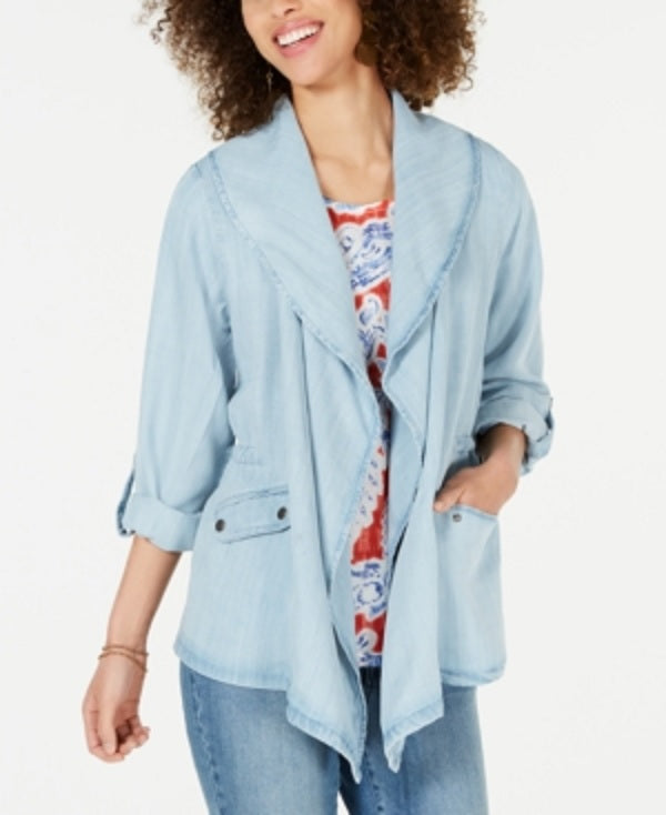 Style & Co Women's Draped Chambray Jacket Blue Size Petite P