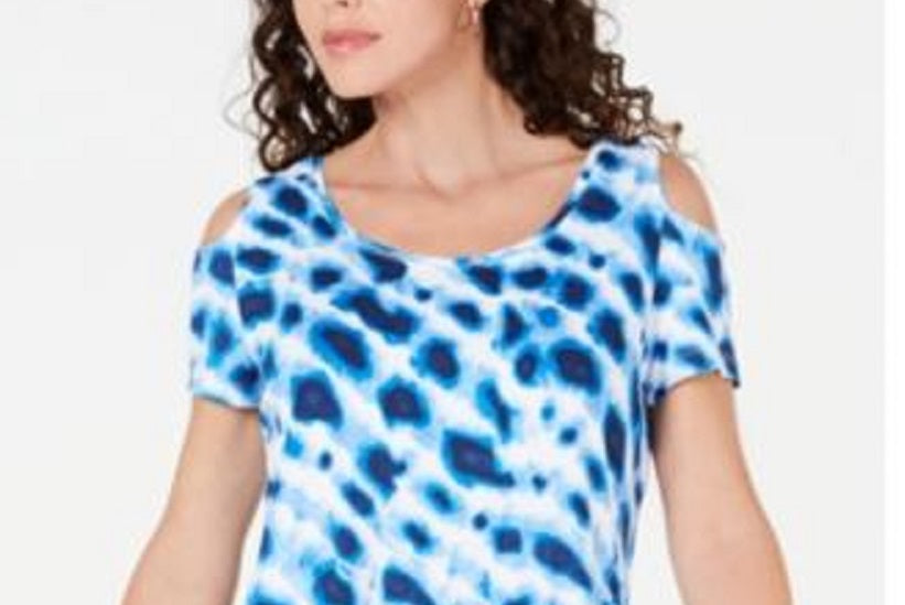 JM Collection Women's Printed Cold Shoulder Top Blue Size Petite L