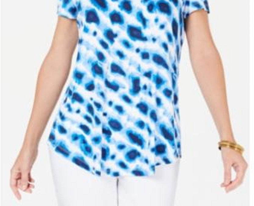 JM Collection Women's Printed Cold Shoulder Top Blue Size Petite L