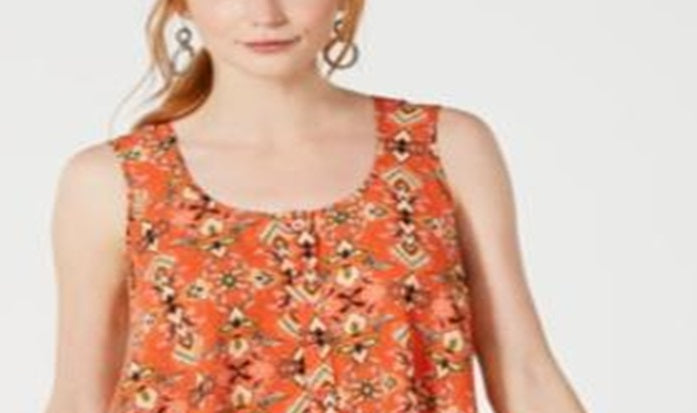 Style & Co Women's Printed Sleeveless High Low Swing Top Orange Size Small