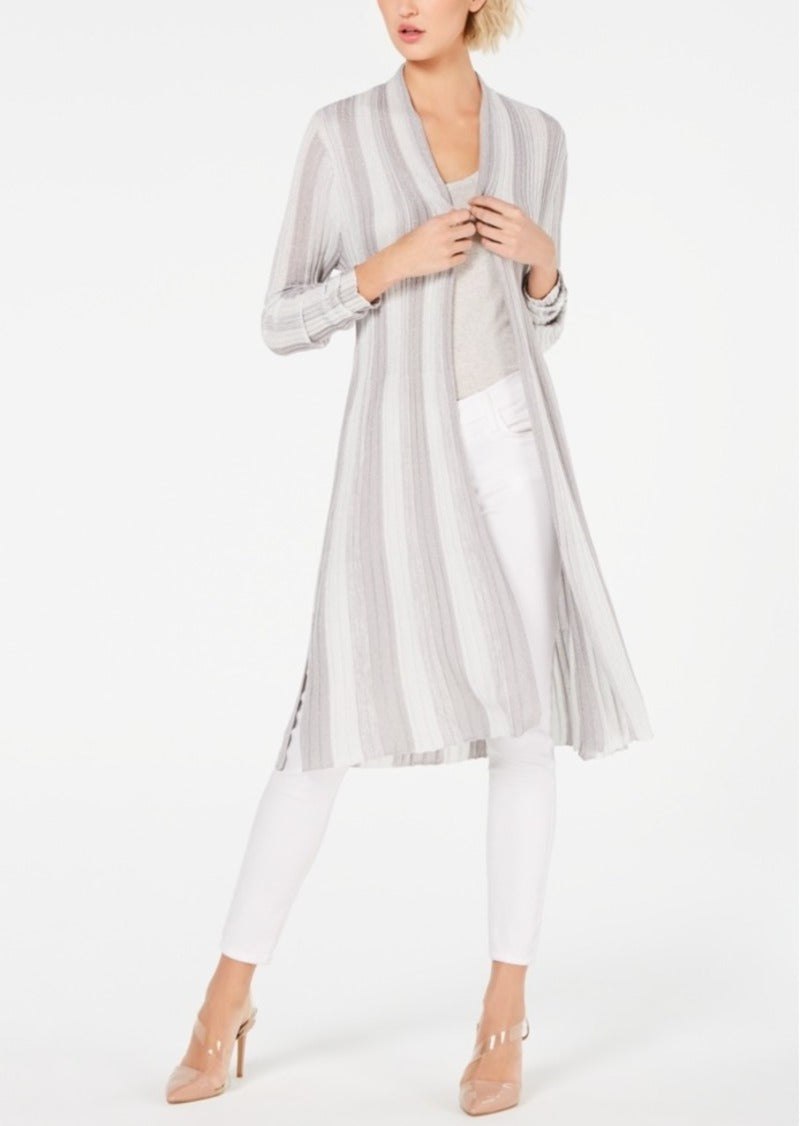 INC International Concepts Women's Striped Metallic Duster Cardigan Silver Size Petite L