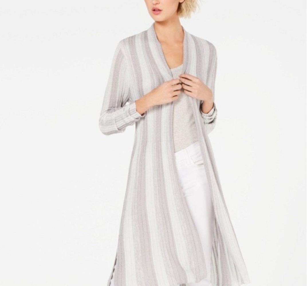 INC International Concepts Women's Striped Metallic Duster Cardigan Silver Size Petite L
