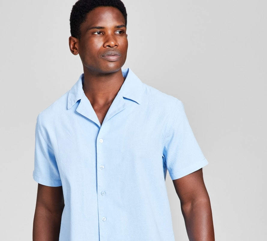 And Now This Men's Classic Fit Button Down Camp Shirt Blue Size Small