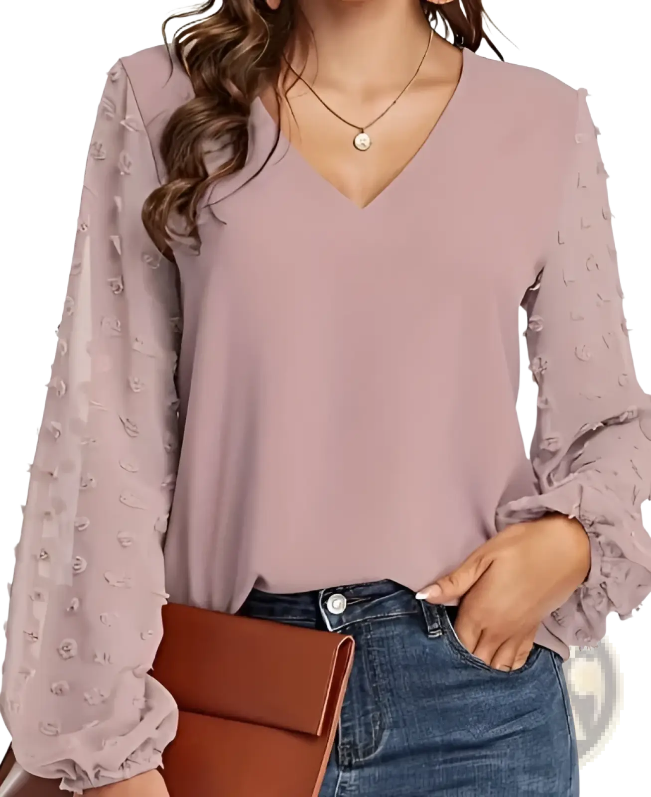 Swiss Dot v Neck Chiffon Blouse with Textured Ruffle Sleeves