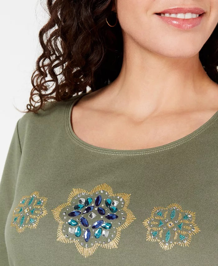 Karen Scott Women's Petite Rhinestone-Embellished Cotton Top Green Size Petite