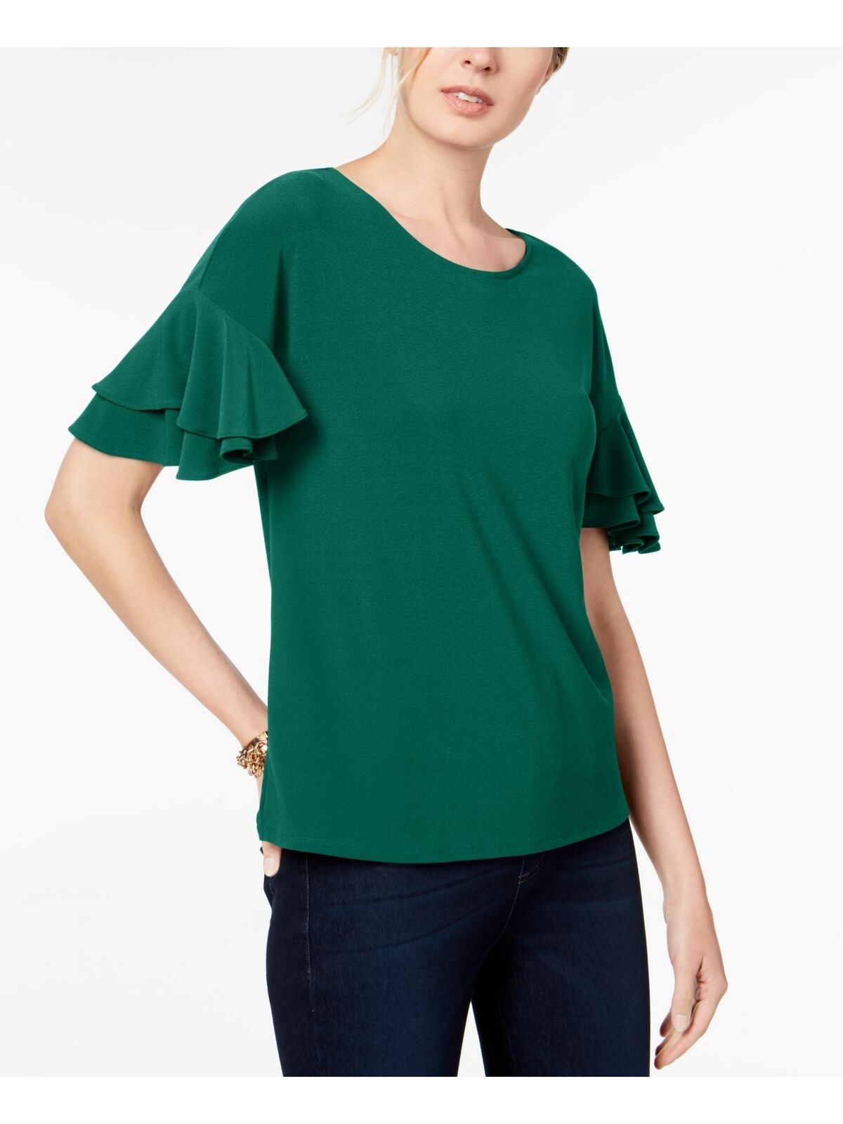 INC International Concepts Women's Ruffled-Sleeve Top Med Green Size Medium