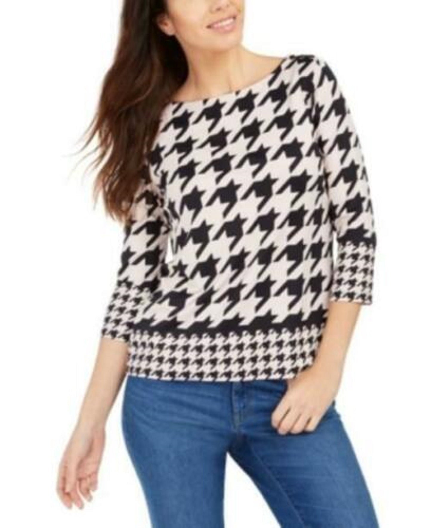 Charter Club Women's Petite Button-Shoulder Houndstooth Top Pink Size Petite