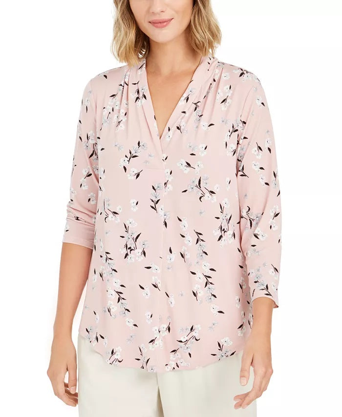 Charter Club Women's Printed V-Neck Top Lt/Paspink Size Large
