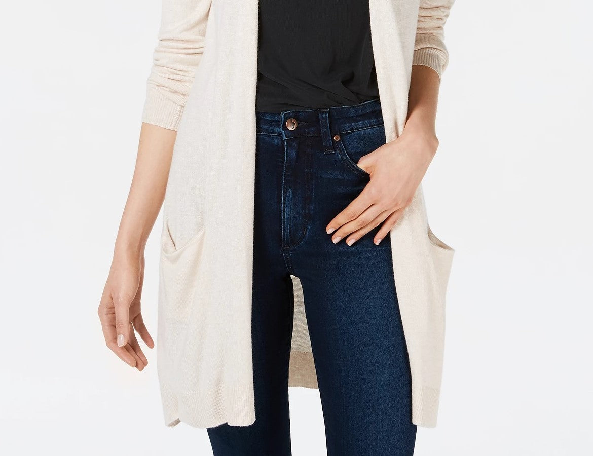 Maison Jules Women's Long Open-Front Jersey Cardigan Sweater Dark Beige Size Extra Large