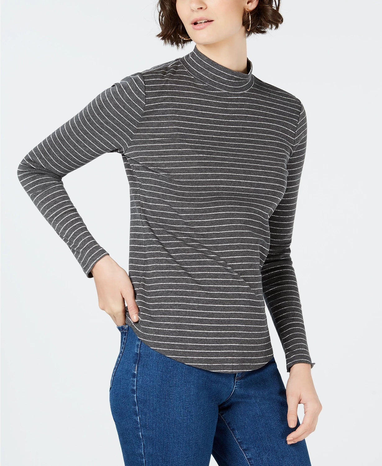 Charter Club Women's Cotton Striped Mock Neck T-Shirt Dark Grey Size Small