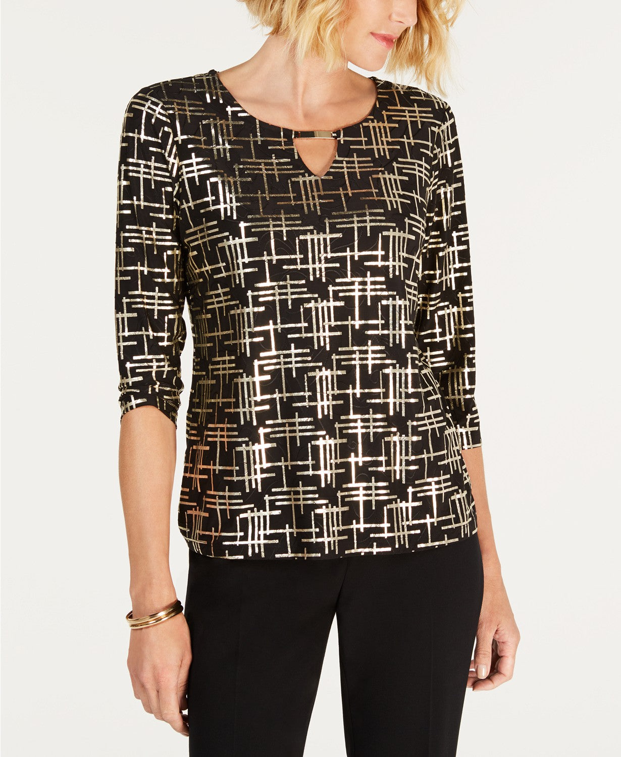JM Collection Women's Petite Printed Jacquard Top Black Size Medium