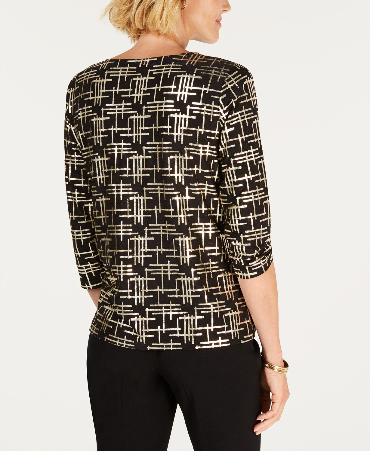 JM Collection Women's Petite Printed Jacquard Top Black Size Medium