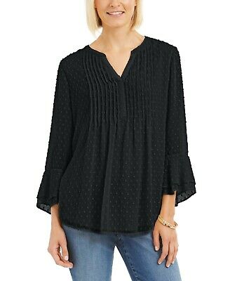 Charter Club Women's Double Ruffle Textured Pintuck Top Black Size Large