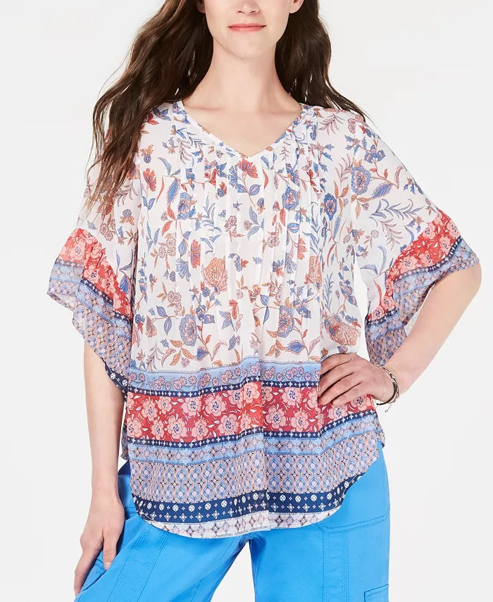 Style & Co Women's Retro Scarf Print Pintuck Pleat Top Navy Size X-Large