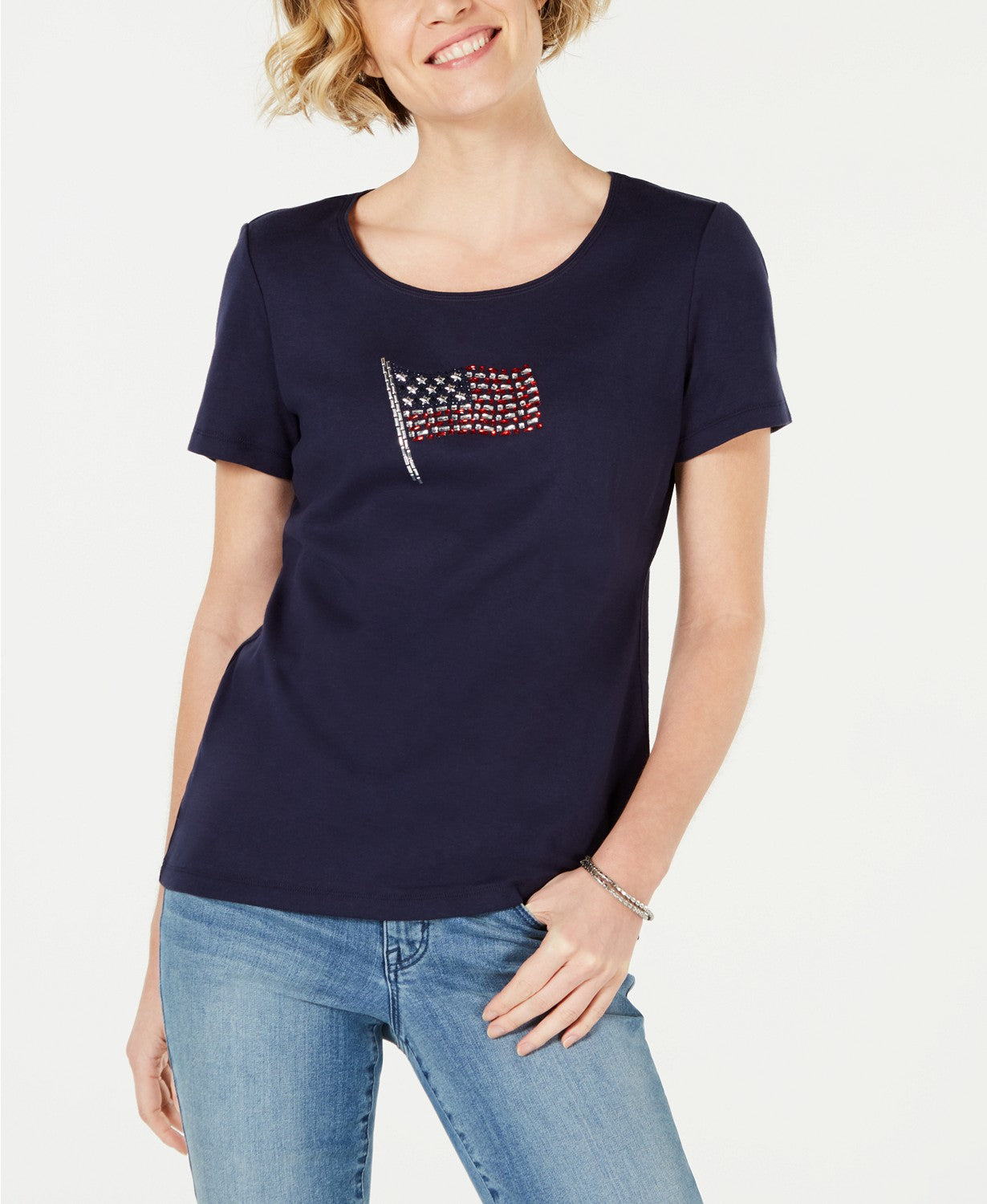 Karen Scott Women's Embellished Flag Cotton T-Shirt Blue Size XX-Large