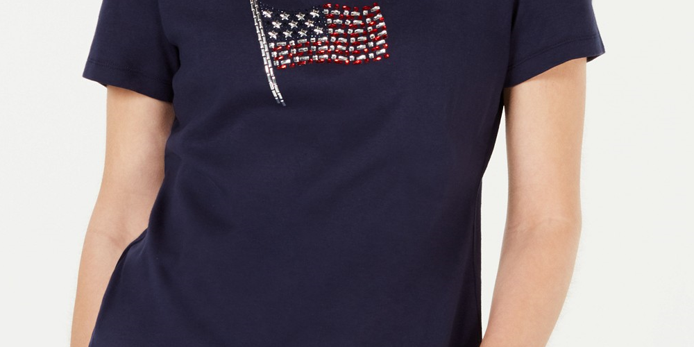 Karen Scott Women's Embellished Flag Cotton T-Shirt Blue Size XX-Large