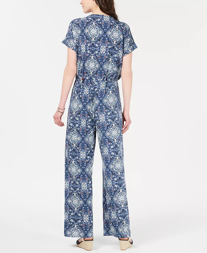 Style & Co Women's V-Neck Printed Knit Jumpsuit Dark Blue Size Medium