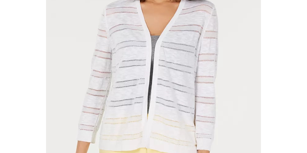 Charter Club Women's Pointelle Striped Cardigan White Size Medium
