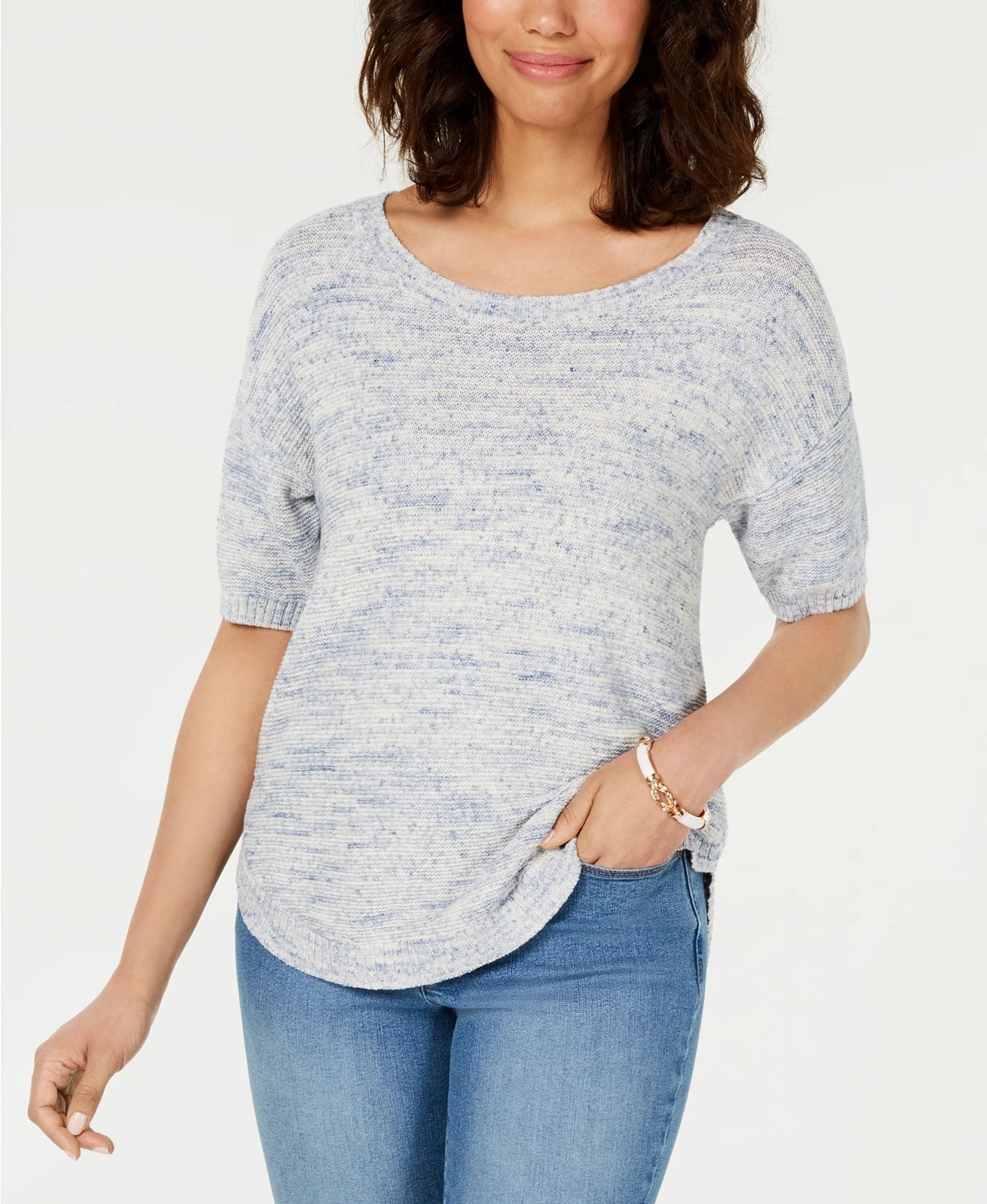Charter Club Women's Spacedyed Elbow-Sleeve Cotton Sweater Blue Size Small