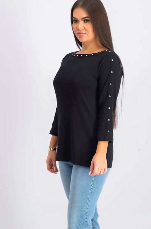 Karen Scott Women's Cotton Boat-Neck Studded Top  Black Size Medium
