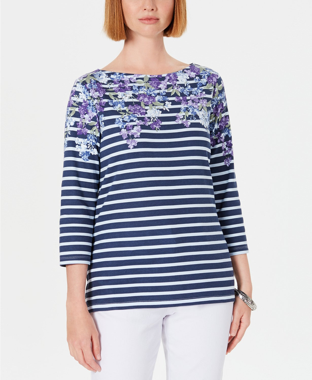 Karen Scott Women's Three-Quarter-Sleeve Printed Top Blue Size X-Small