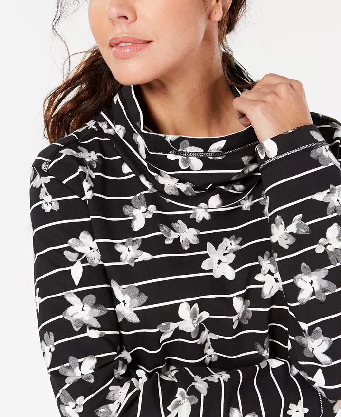 Karen Scott Women's Sport Printed Funnel Neck Top Black Size Medium
