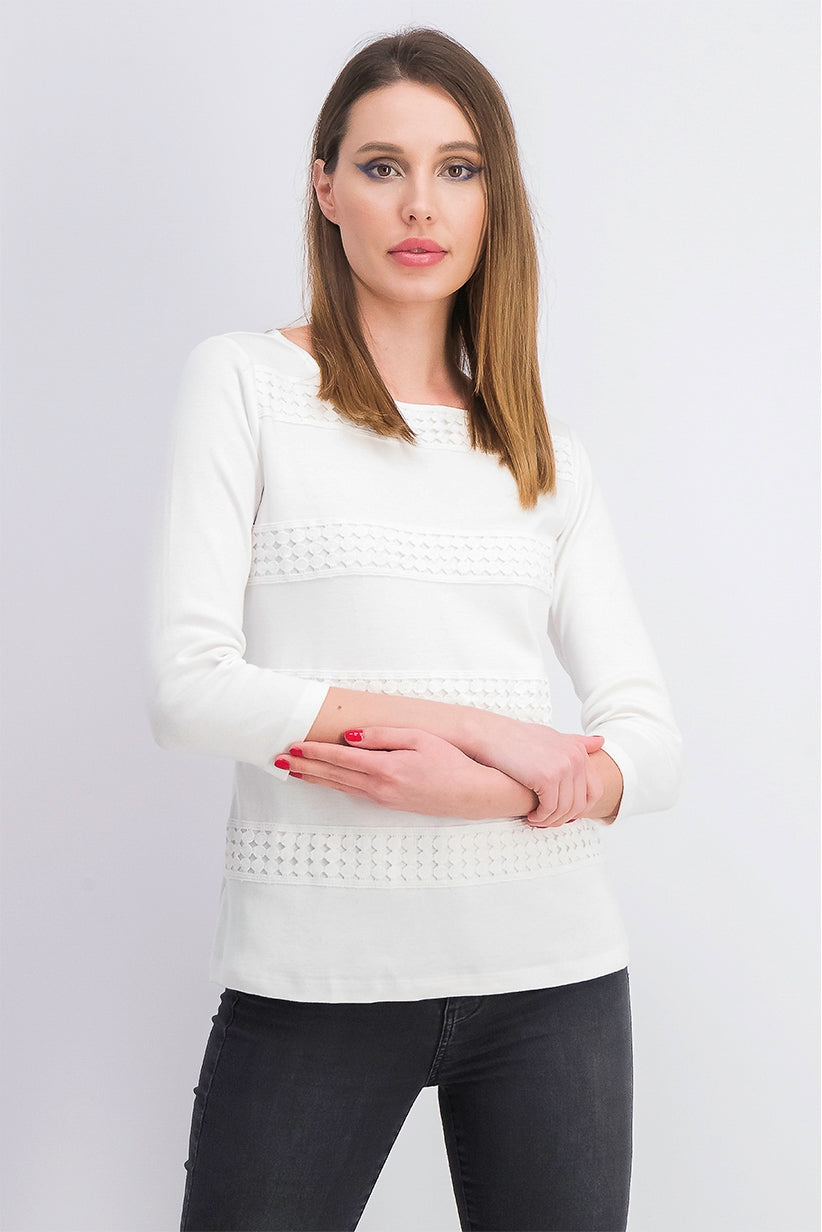 Karen Scott Women's Square-Neck Lace-Stripe Top White Size X-Large