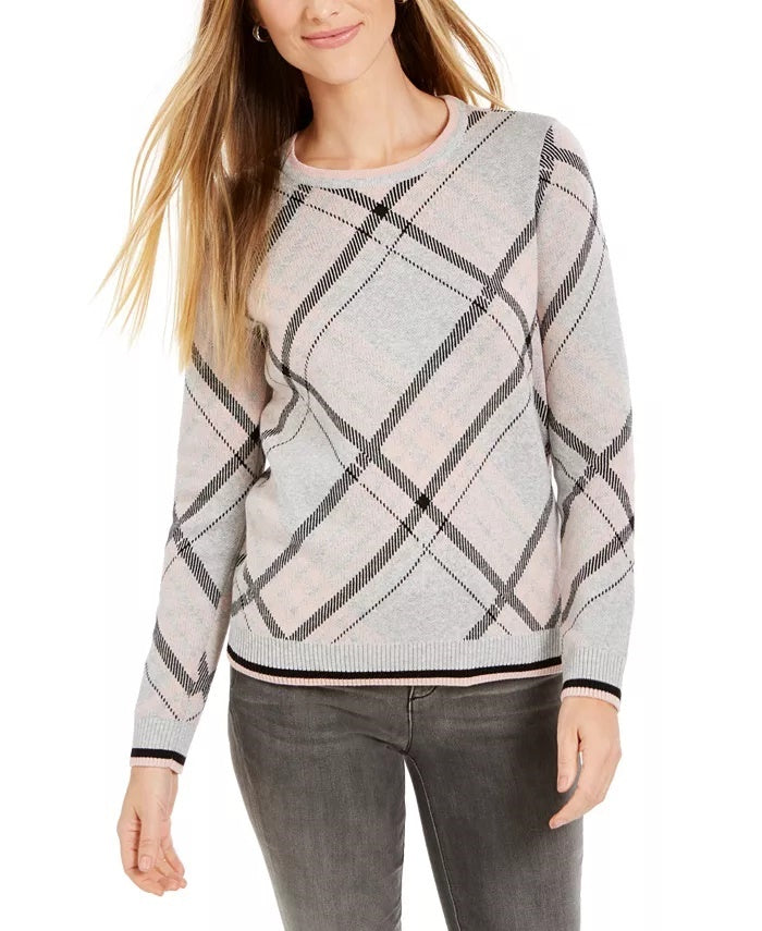 Charter Club Women's Plaid Crewneck Sweater Gray Size Small