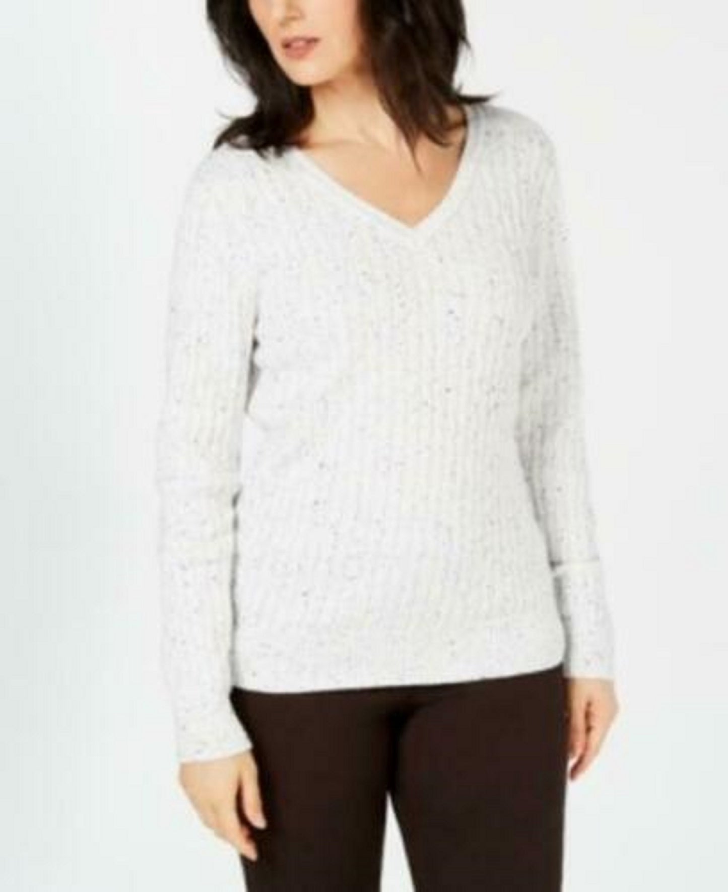 Karen Scott Women's Cable-Knit V-Neck Sweater Natural Size Extra Large