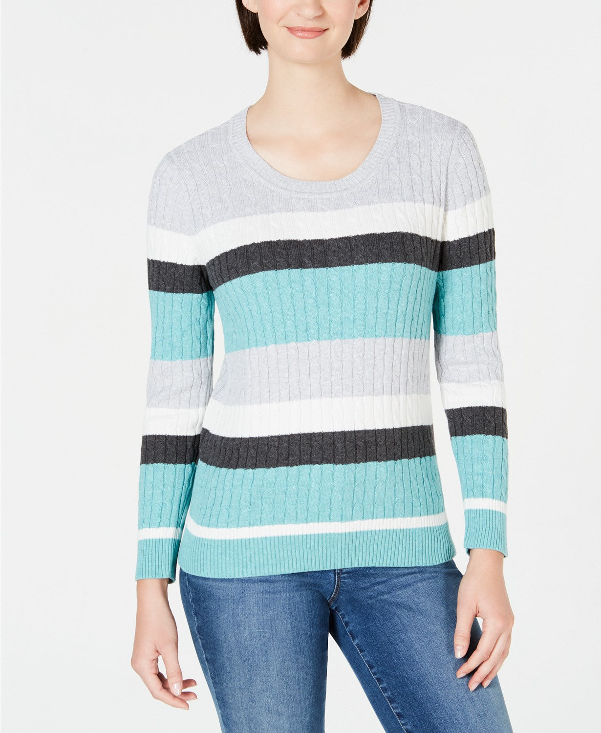 Karen Scott Women's Veronica Striped Cotton Cable Sweater Blue Size Small