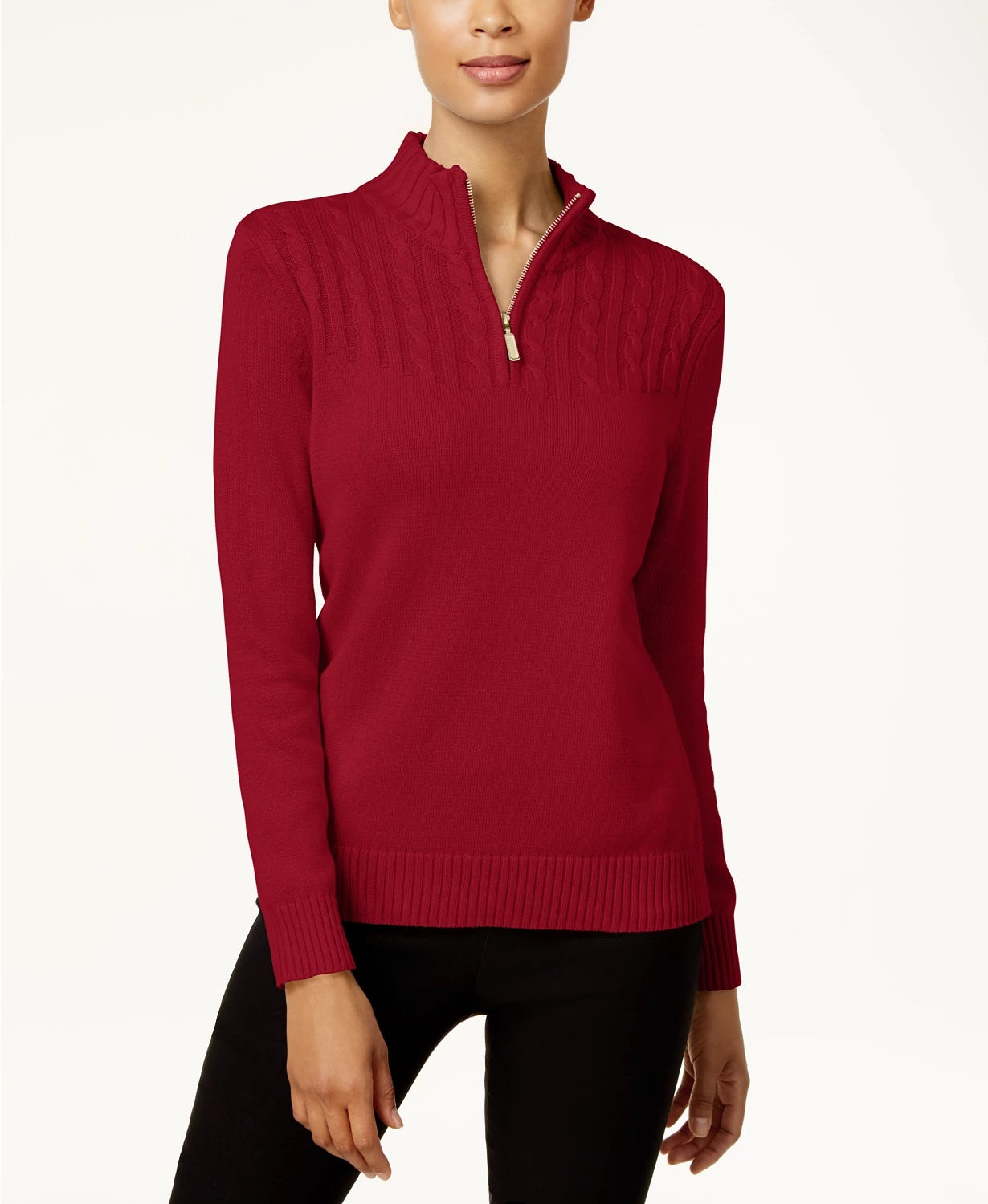 Karen Scott Women's Cotton Zip Neck Sweater Bright Red Size X-Small