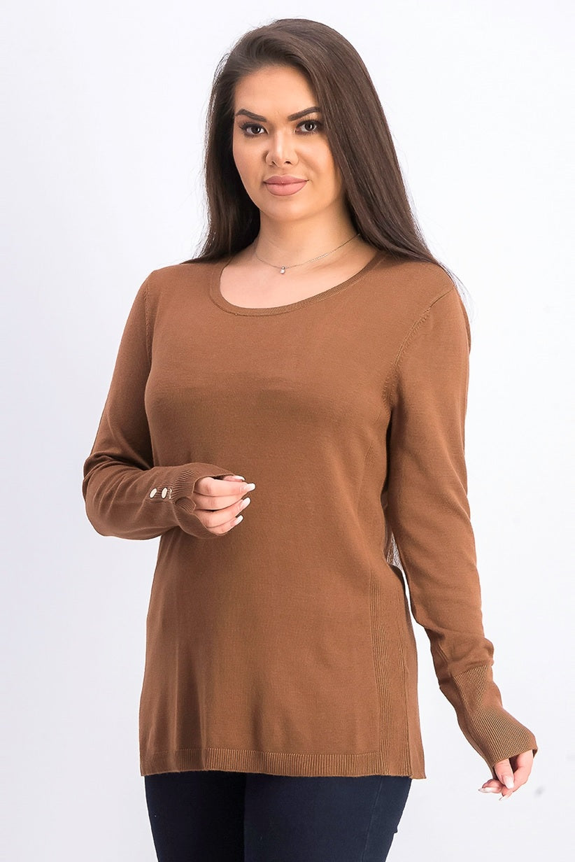 JM Collection Women's Button-Cuff Crewneck Sweater Brown Size Large