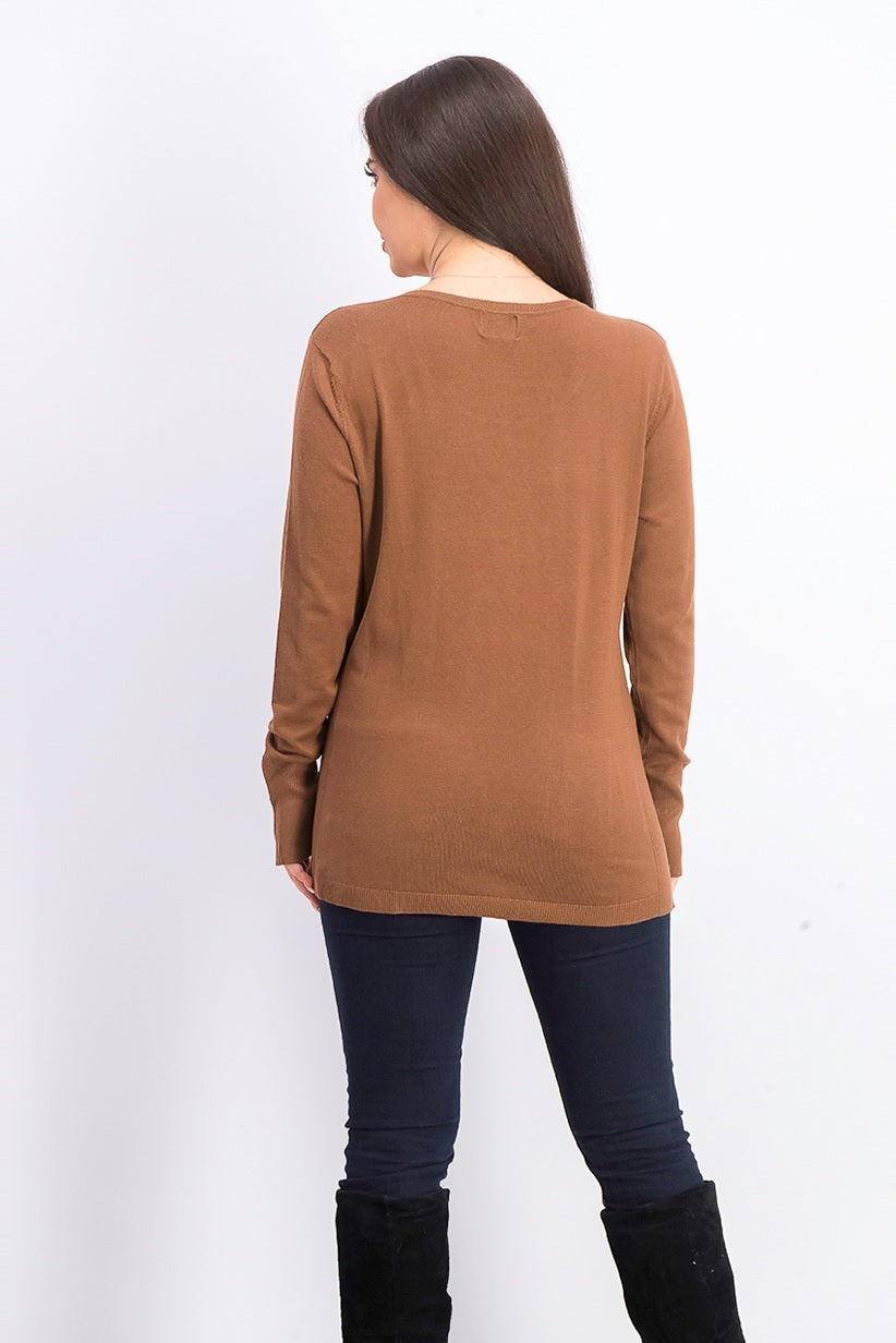 JM Collection Women's Button-Cuff Crewneck Sweater Brown Size Large