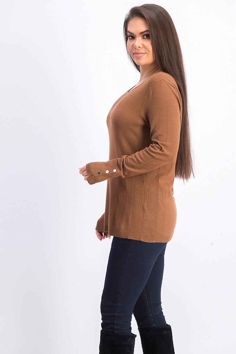 JM Collection Women's Button-Cuff Crewneck Sweater Brown Size Large