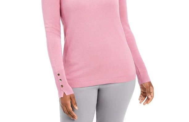 JM Women's Collection Button-Cuff Crewneck Sweater Med Pink Size Large