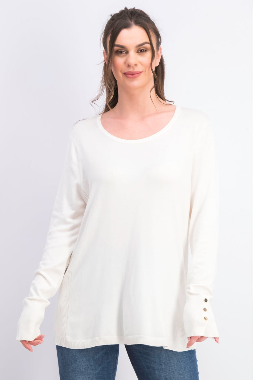 JM Women's Collection Button-Cuff Crewneck Sweater Natural Size Extra Large