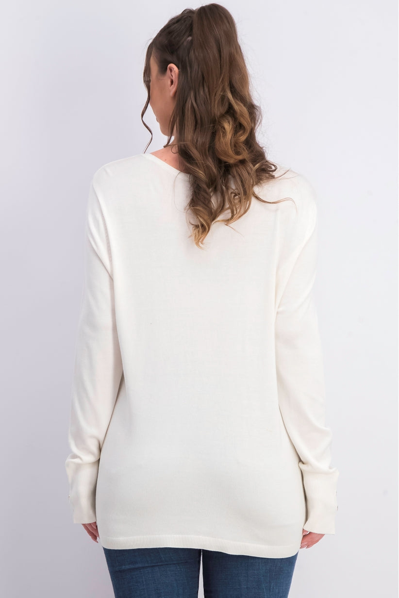 JM Women's Collection Button-Cuff Crewneck Sweater Natural Size Extra Large