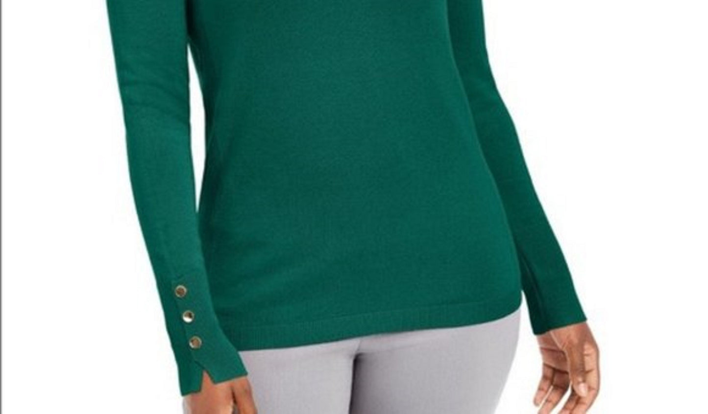 JM Collection Women's Petite Button-Cuff Crewneck Sweater Dark Green Size Petite Medium