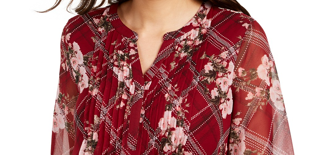 Charter Club Women's Printed Split-Neck Top Wine Size Small