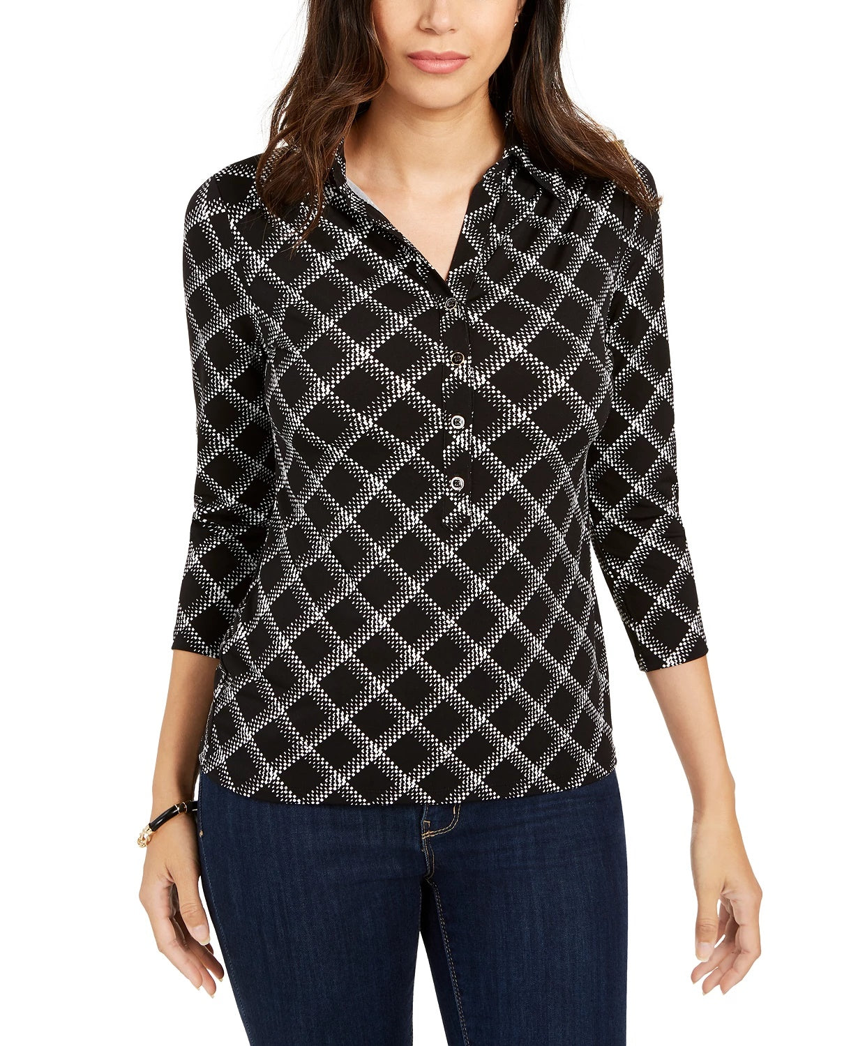 Charter Club Women's Plaid Polo Shirt Black Size Medium