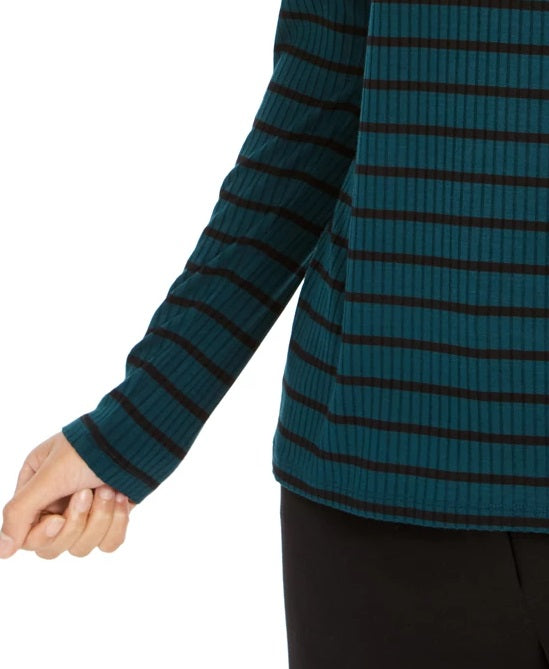 Charter Club Women's Striped Turtleneck Top Dark Green Size X-Large