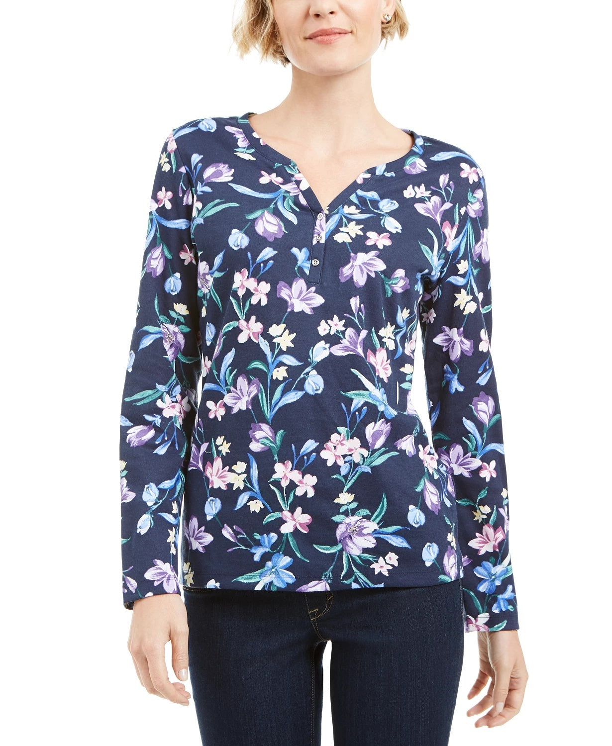 Karen Scott Women's Floral Print Henley Top Navy Size Large