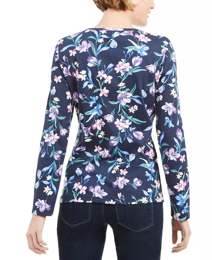 Karen Scott Women's Floral Print Henley Top Navy Size Large