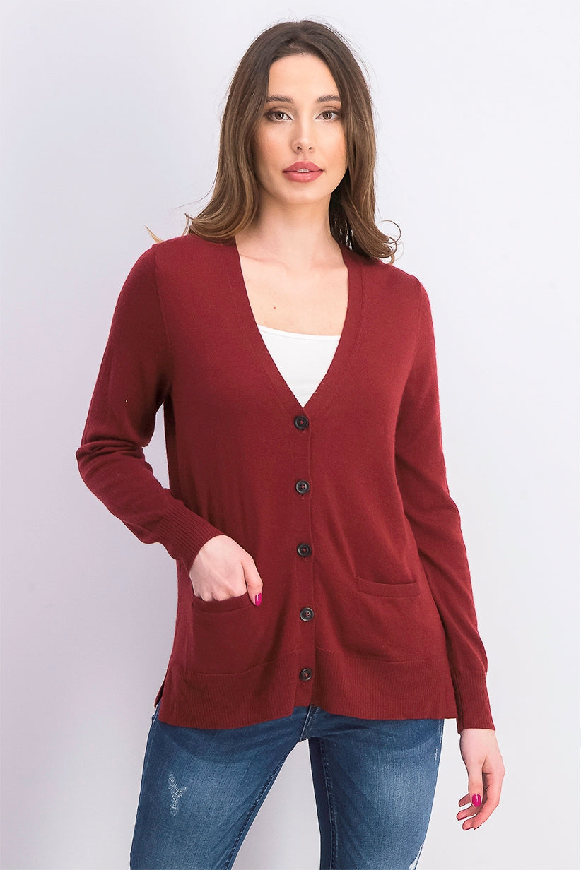 Charter Club Women's Merino Wool V-Neck Cardigan Wine Size Large
