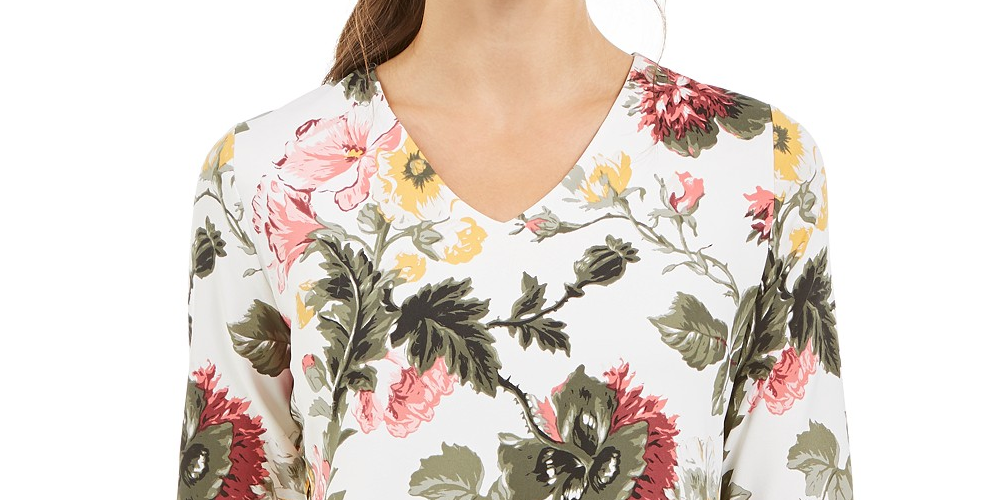 Charter Club Women's Garden Printed V-Neck Top Dark Pink Size Medium