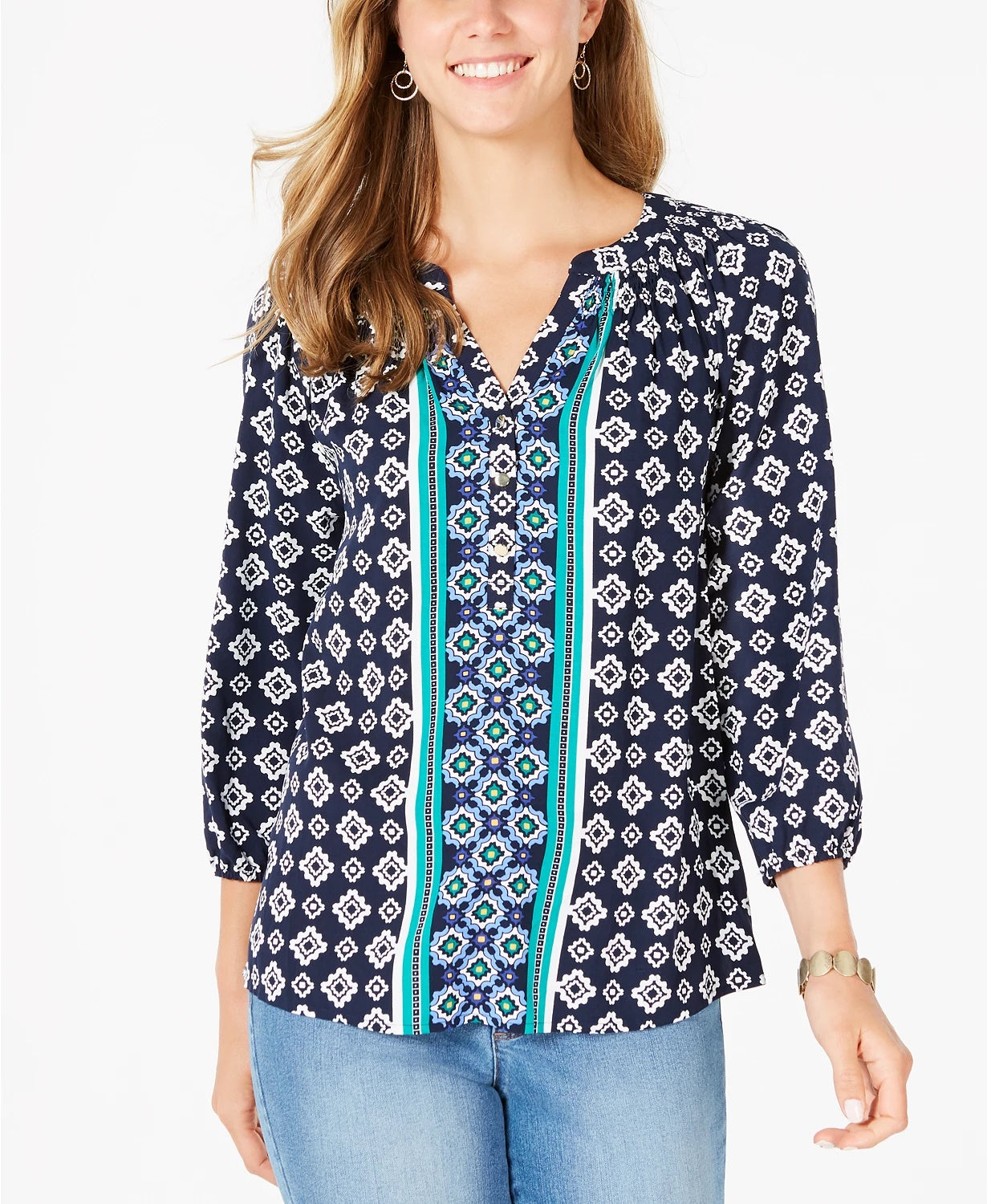 Charter Club Women's Printed Split Neck 3/4 Sleeve Top Blue Size X-Small