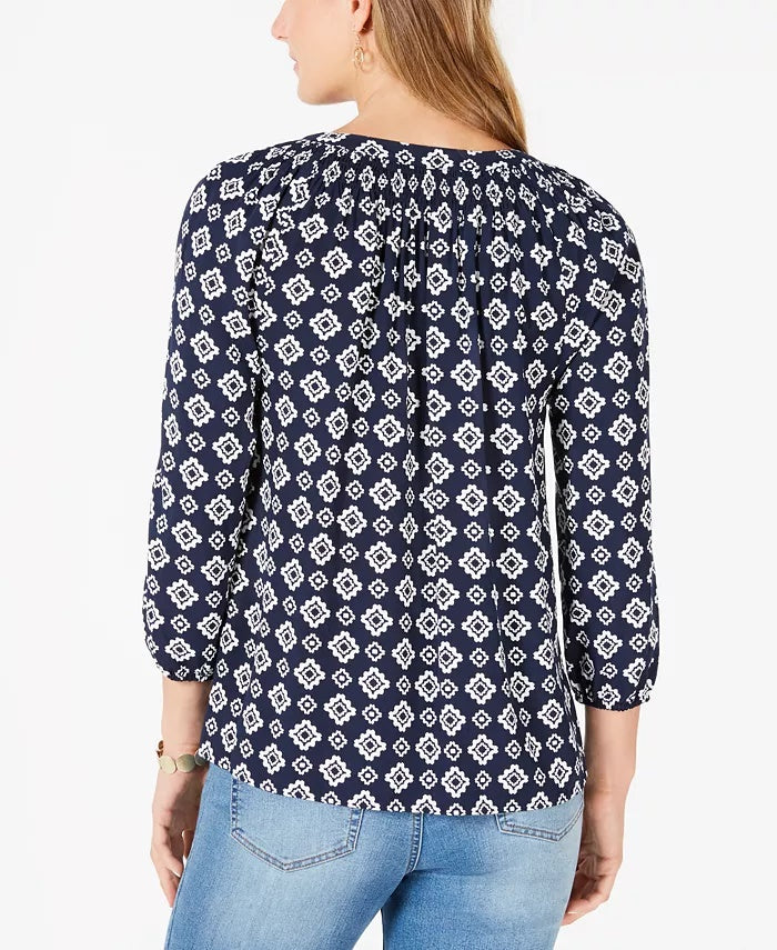 Charter Club Women's Printed Split Neck 3/4 Sleeve Top Blue Size X-Small