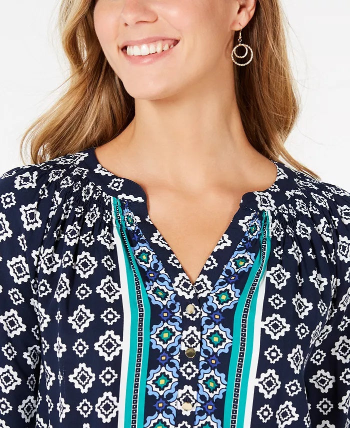 Charter Club Women's Printed Split Neck 3/4 Sleeve Top Blue Size X-Small