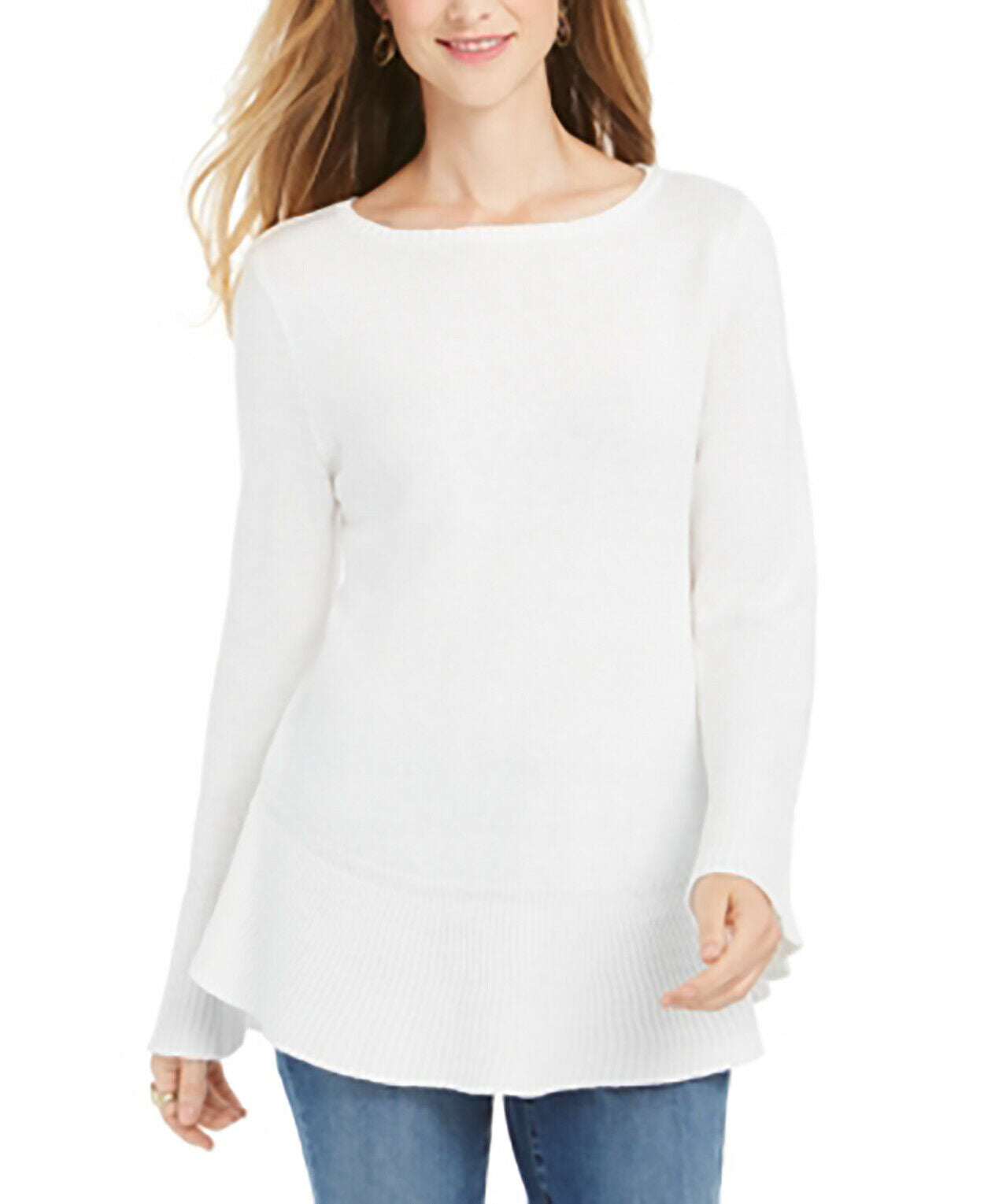 Style & Co Women's Ruffle Hem Knit Sweater White Size Large