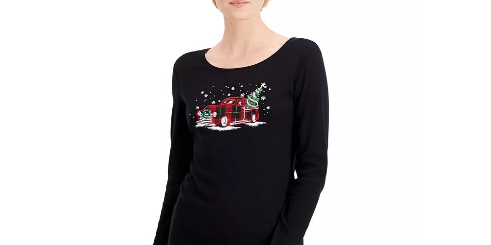 Karen Scott Women's Plaid Truck Cotton Top Black Size Large